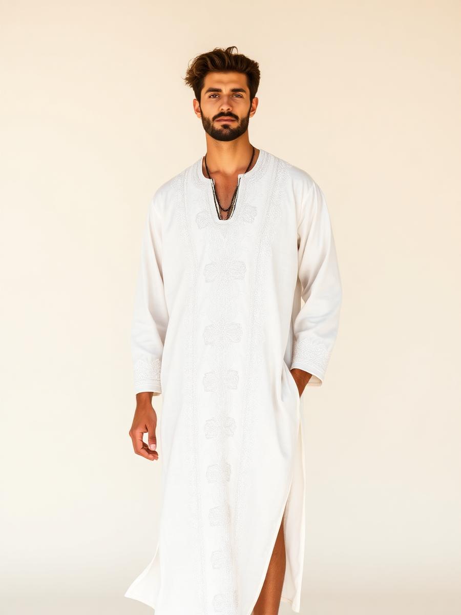Kaftan bazin riche blanc confectionné par Atelier Ndiaye